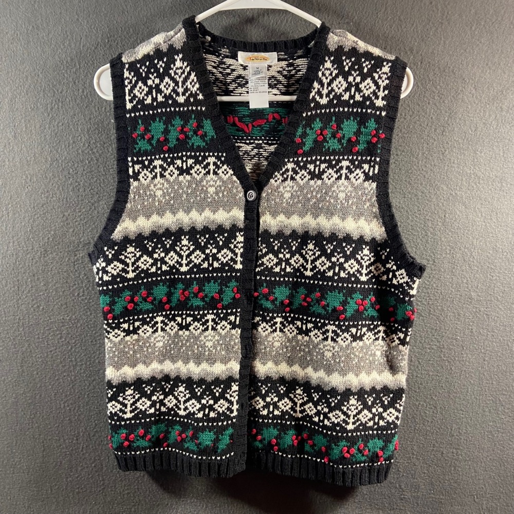 vtg 90s Talbots christmas Sweater Vest Fair Isle Holly linen Cotton Knit holiday